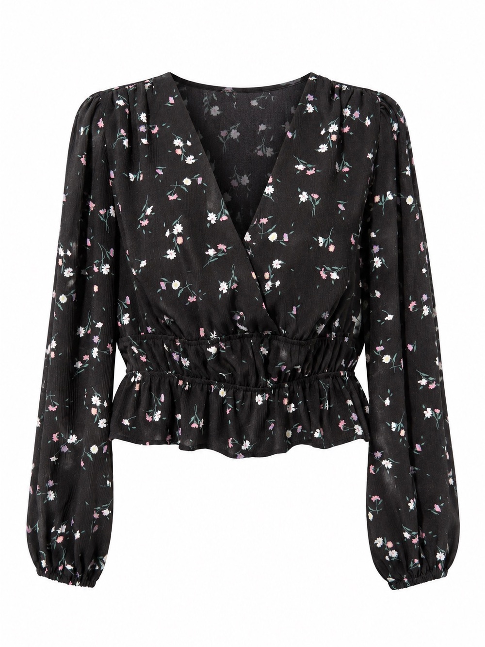 Dynamite Black Floral Wrap Peplum Blouse Long Sleeve | Size P/S - Picture 2 of 9